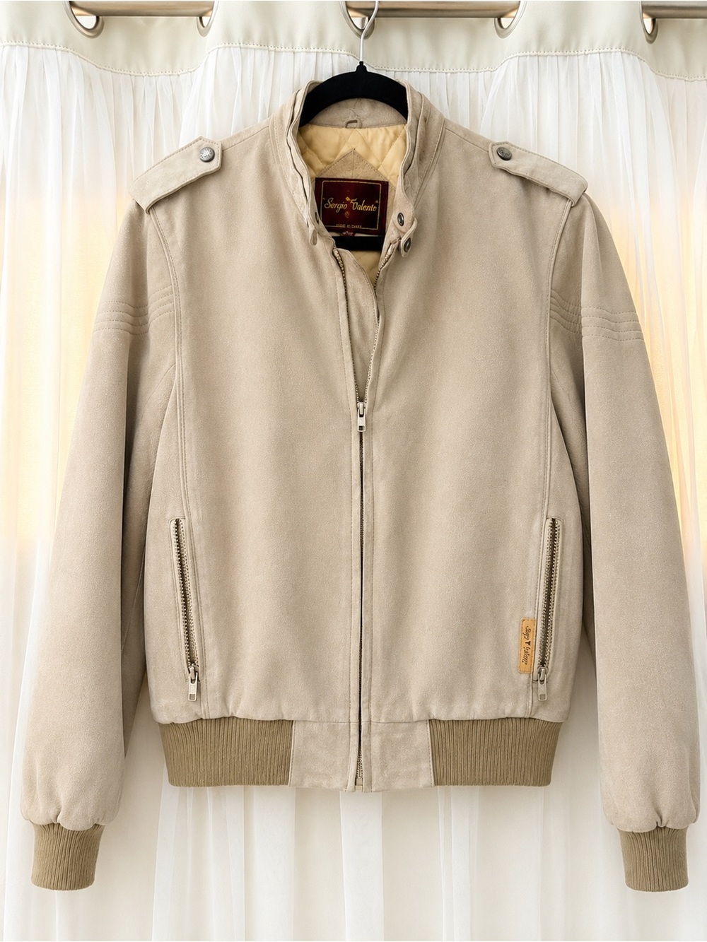 Men’s Sergio Valente Light Beige Suede Bomber Jacket